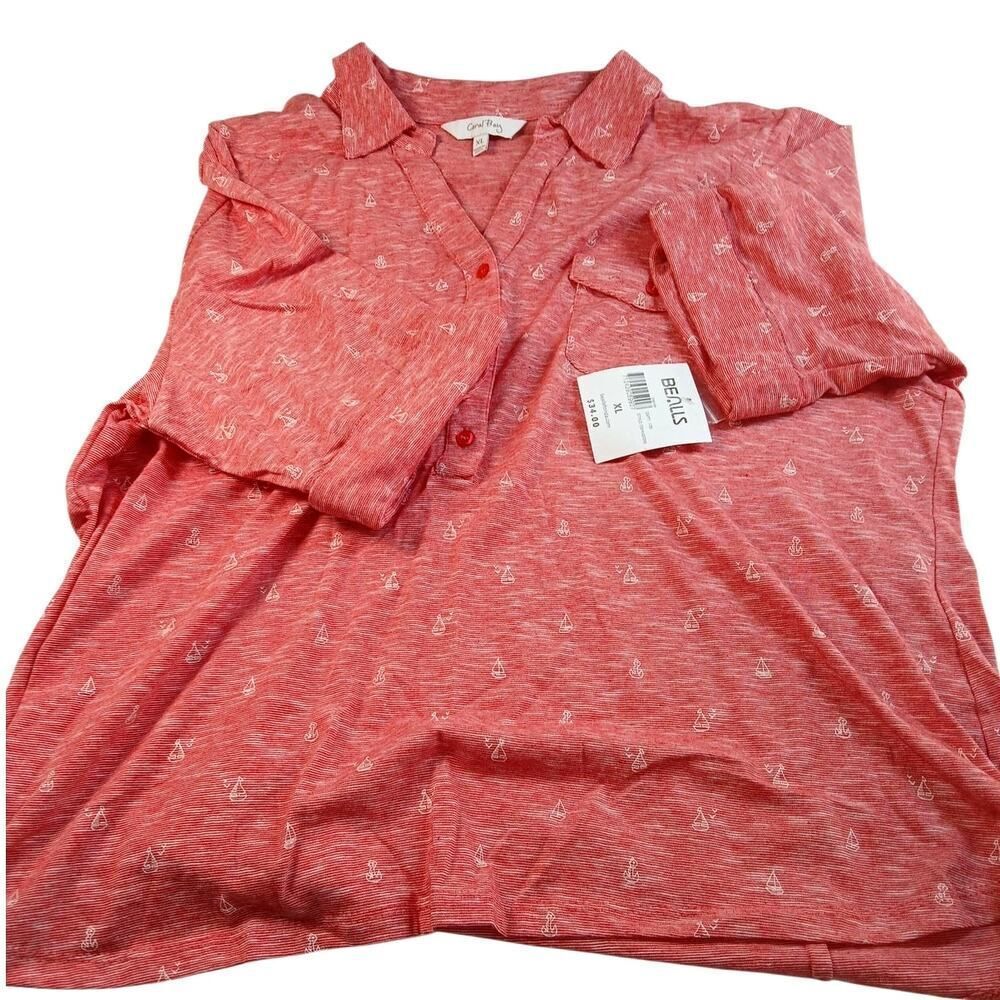 Coral Bay Women's New w/Tags XL Pink & White Sailboat 3-Button Blouse